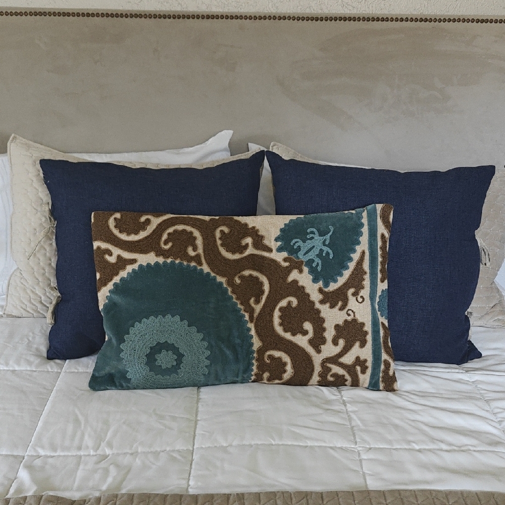 3 Pottery Barn Tan and Blue Pillow Covers